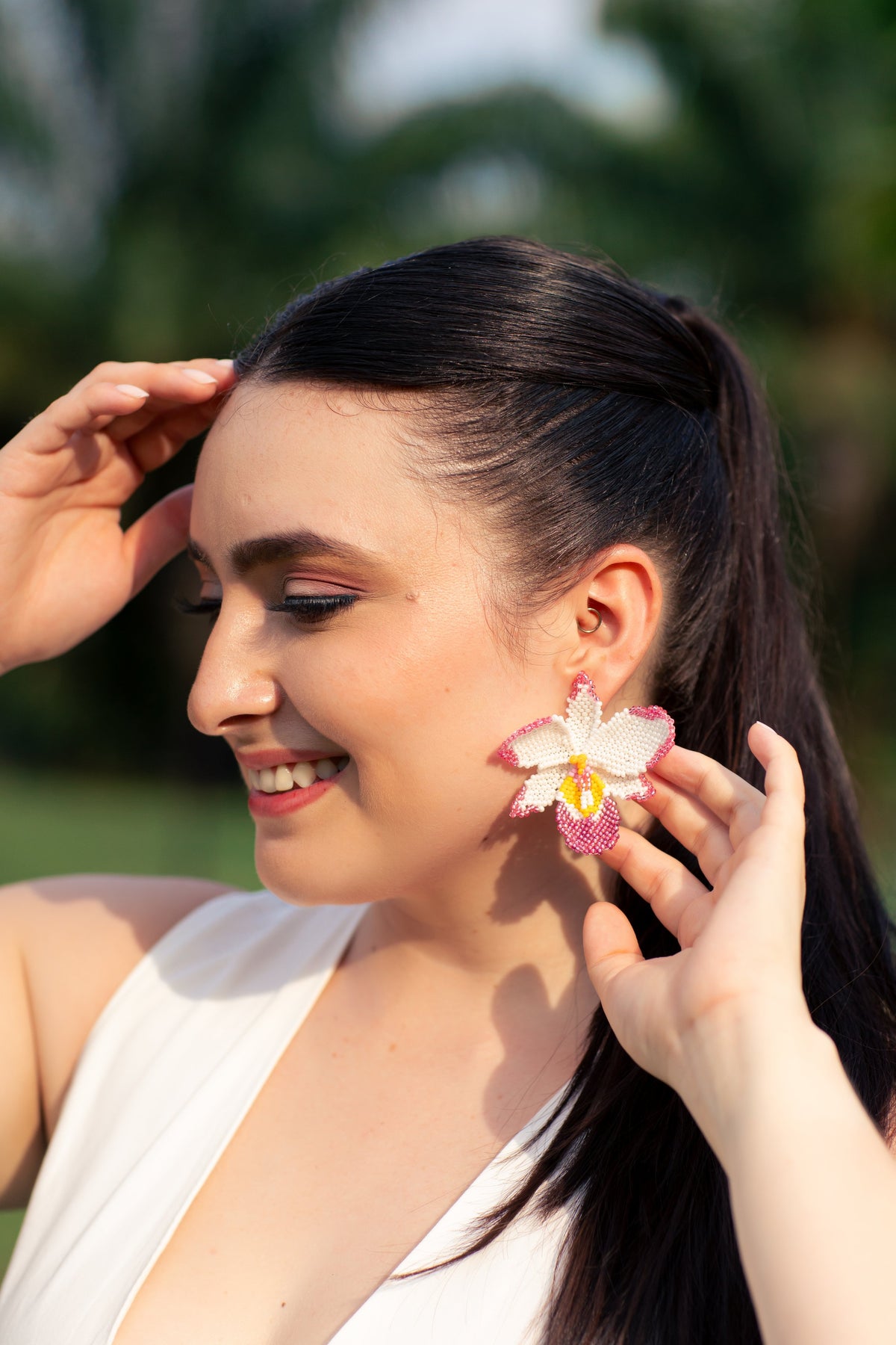 Cattleya Earrings - handcrafted Czech bead orchid earrings in white and fuchsia